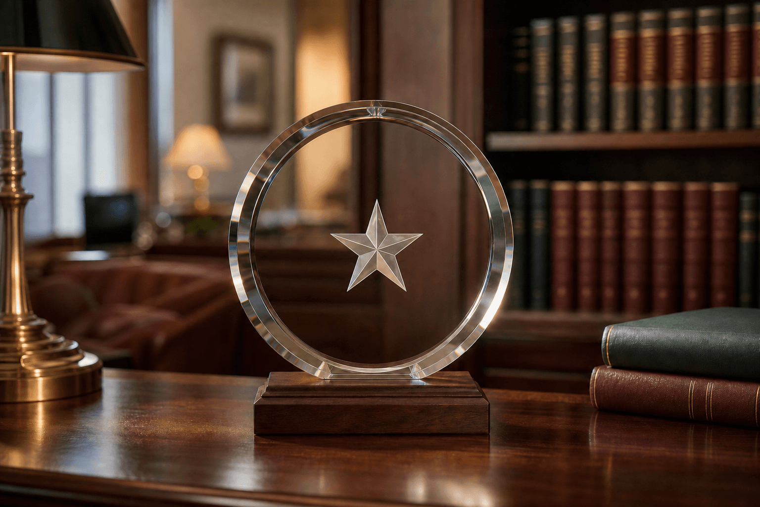 A circular crystal award with an etched star displayed in a private office
