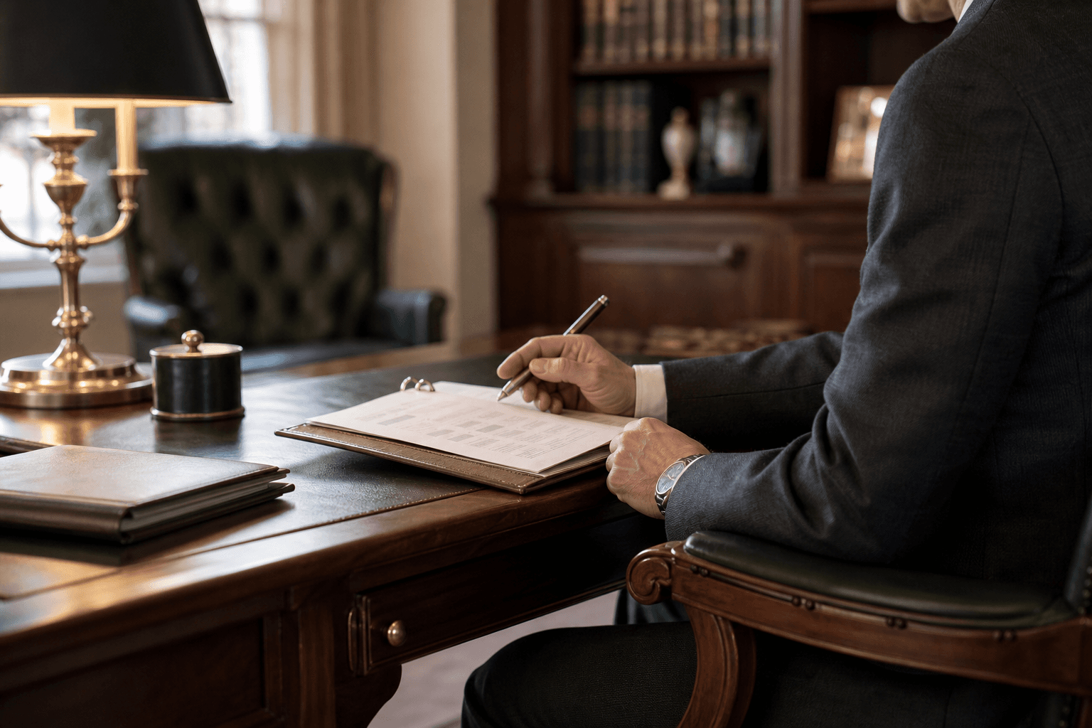 A financial professional reviewing client documents in a private office
