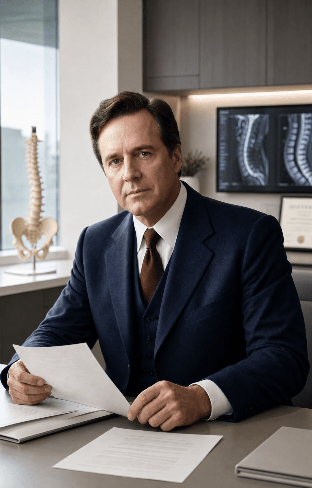 Dr. Anson Jones reviewing documents in his modern orthopedic spine clinic office
