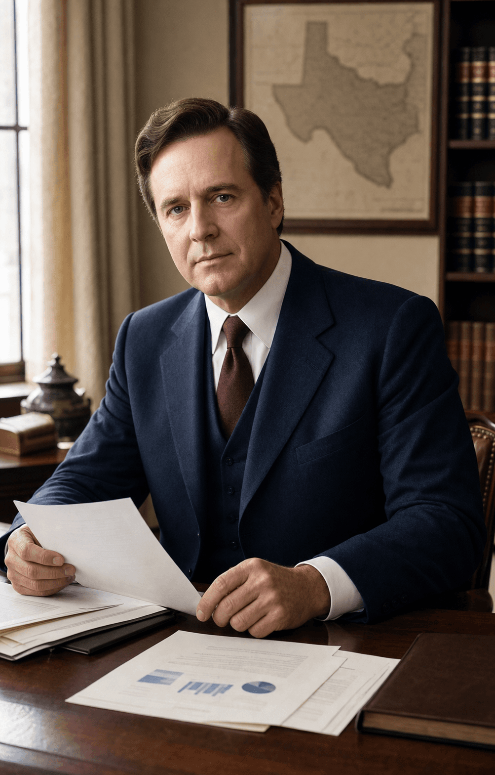 Anson Jones reviewing retirement-plan and tax documents in his Texas office
