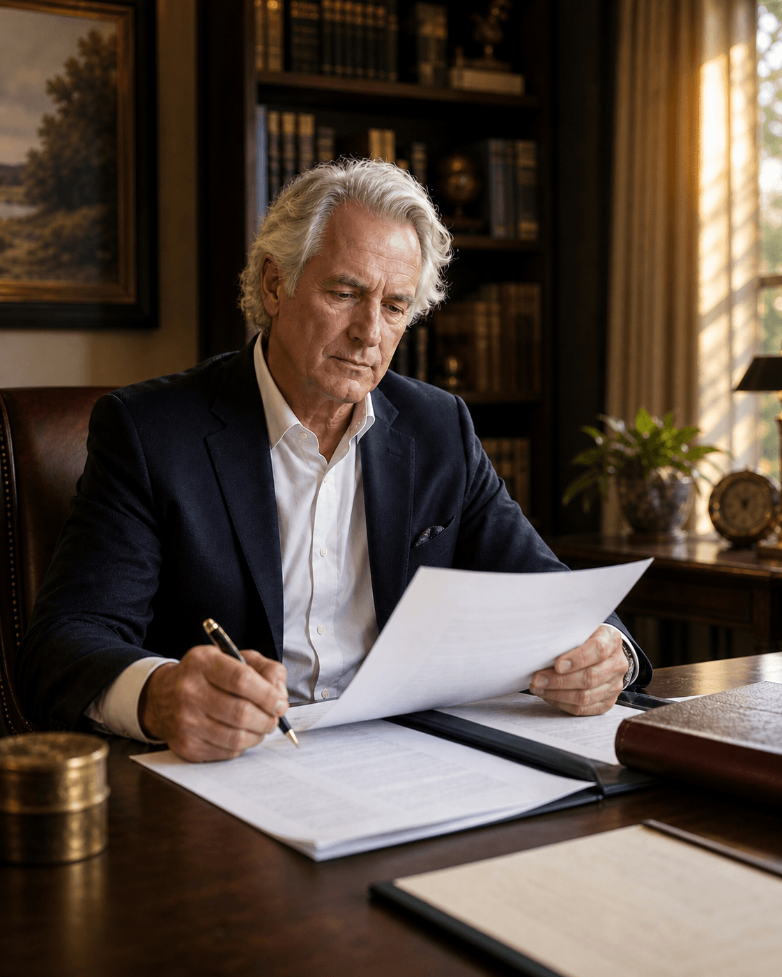Sam Houston reviewing a contract at his desk