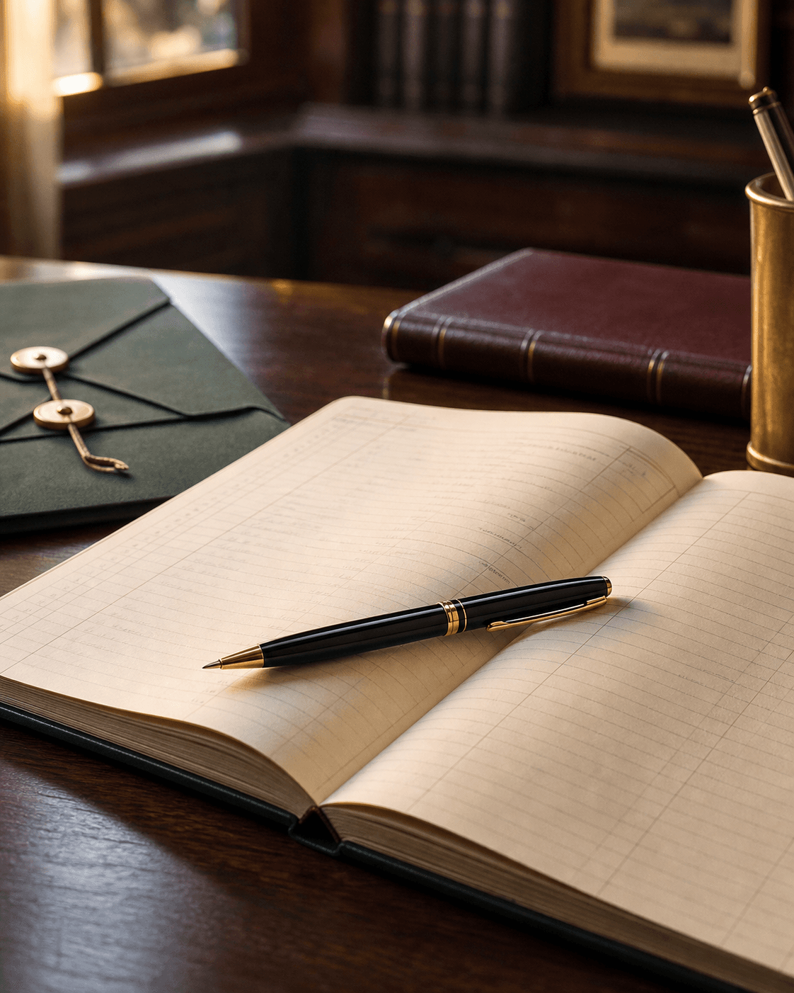 A black-and-gold ballpoint pen resting across an accounting ledger